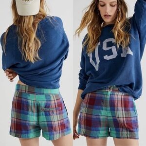 NWOT Free People green blue plaid cotton shorts high rise pockets flat front 2